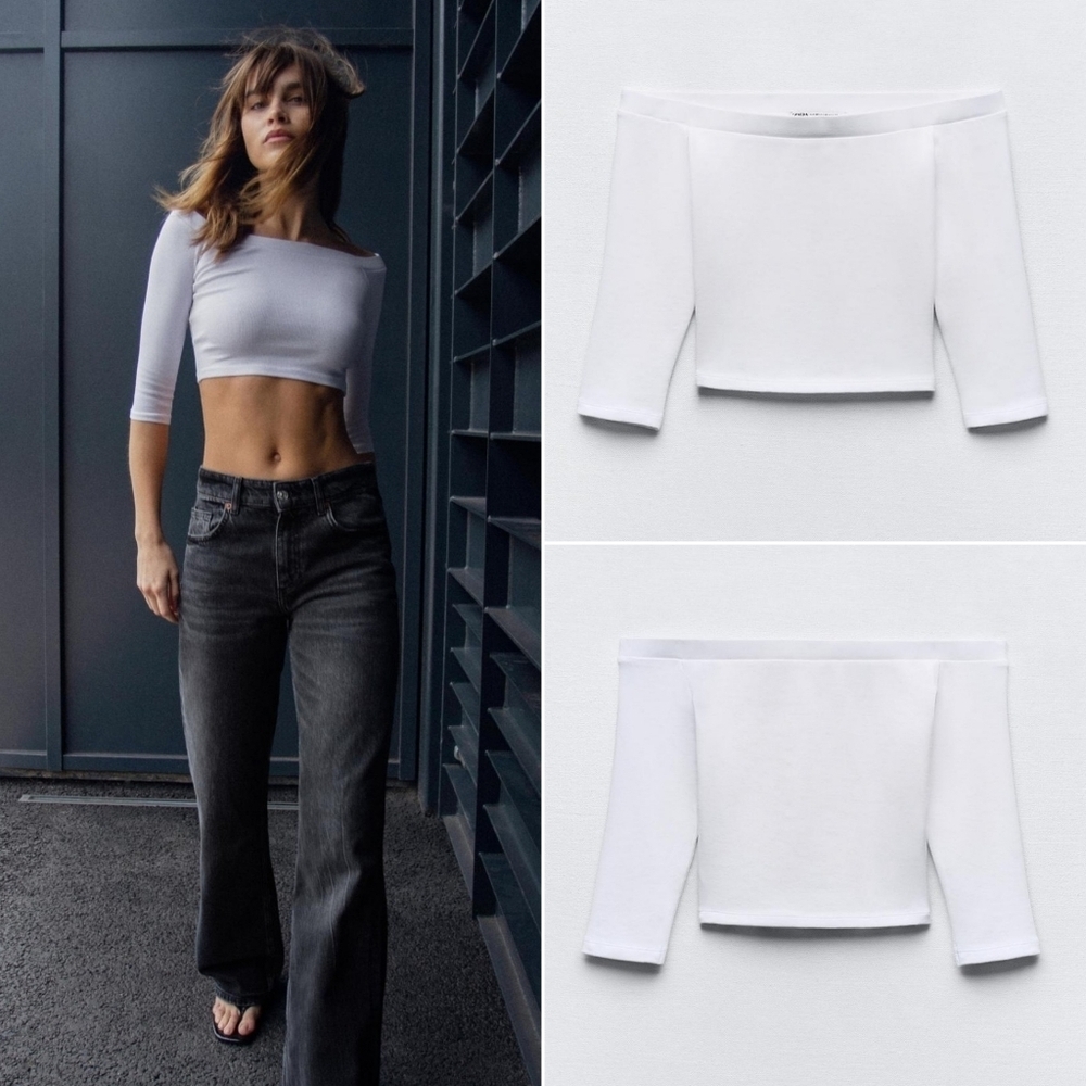 ZARA // white off the shoulder elbow length sleeve soft stretchy crop top